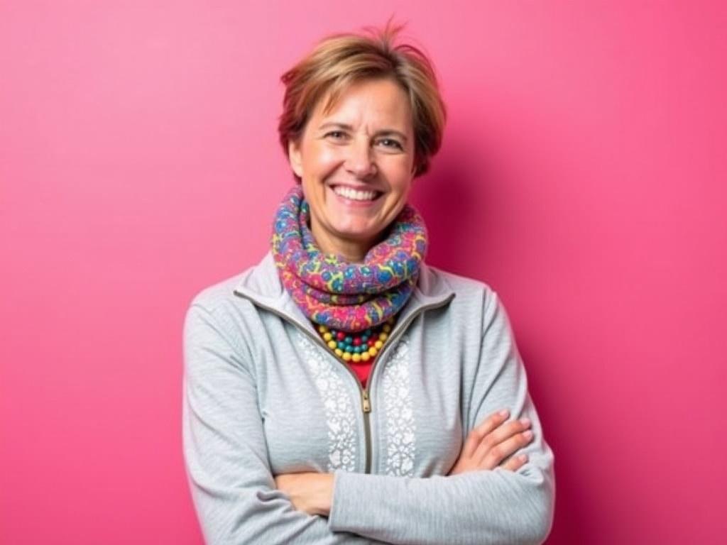 The image features a woman standing against a bright pink background. She is wearing a light gray zip-up jacket with a white pattern. Around her neck, she has a colorful scarf, which adds a vibrant contrast to her outfit. She is accessorized with a multi-colored beaded necklace that enhances her cheerful appearance. The woman has short, light brown hair that appears slightly tousled. She is standing with her arms crossed in front of her, exhibiting a friendly and approachable demeanor.