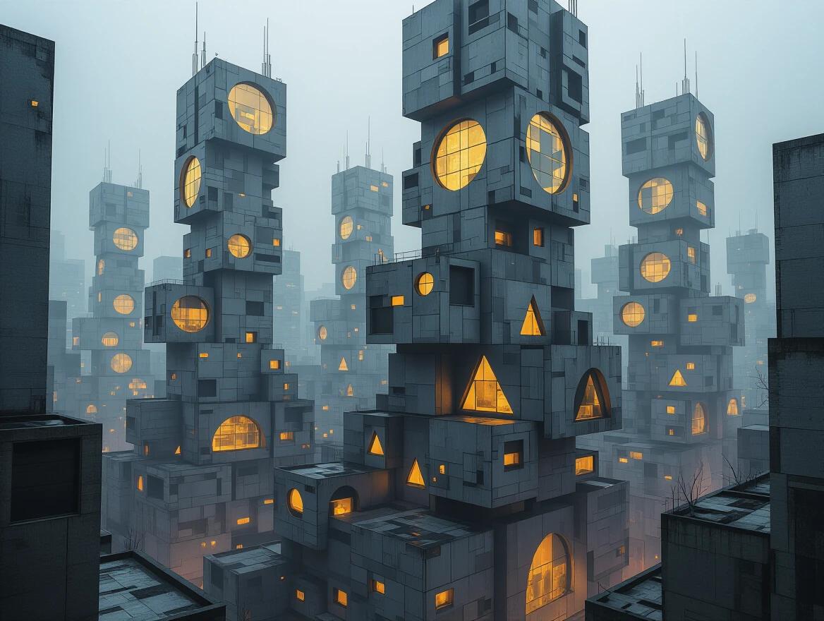 A dystopian cityscape with buildings made of grey cardboard and wood. The structure shows geometric shapes like triangles and circles. Buildings have silver and gold glass windows. Night scene with an atmospheric haze, shadows and silhouettes.