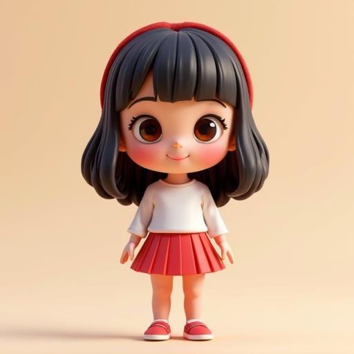 Chibi girl design with a pleated mini skirt and a playful expression. The character is styled in a 3D Pixar animation style.