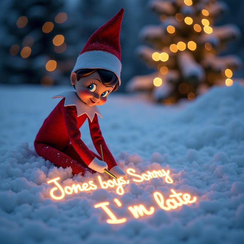 Elf on the Shelf writing in snowy landscape. Cheerful elf in red outfit with pointed hat. Magical lights illuminate elegant cursive words in snow. Background features twinkling Christmas tree lights. Evokes joyful holiday spirit.