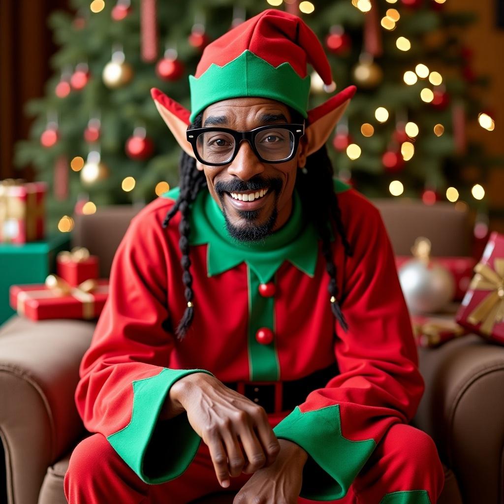 Character dressed as an elf. Wearing a red and green outfit. Sitting among holiday decorations and gifts. Smiling with a festive background.