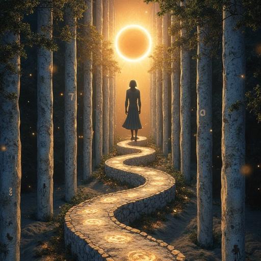 Depiction of an infinite spiral of souls in a mystical forest. Vertical helix of human figures are portrayed around a winding path. An eclipsed sun illuminates the background with an angelic silhouette at the center. Descending souls dissolve into stardust. Souls transition into stars in the sky. Vertical stones bearing mysterious symbols line the path. Subterranean lights create enchanting pathways. A fractal face of an angel emerges within the scene.