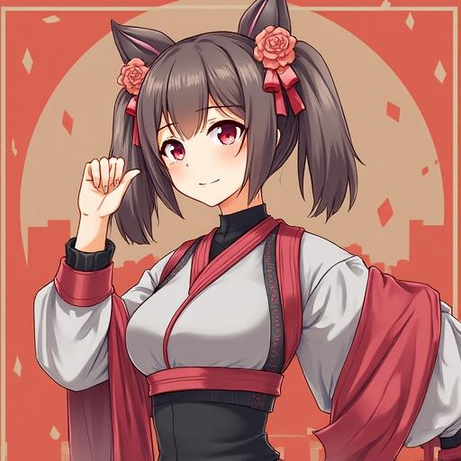 Cute and strong female martial artist character dressed in traditional Japanese attire. Hair styled with cat-like features. A confident pose with a vivid background.
