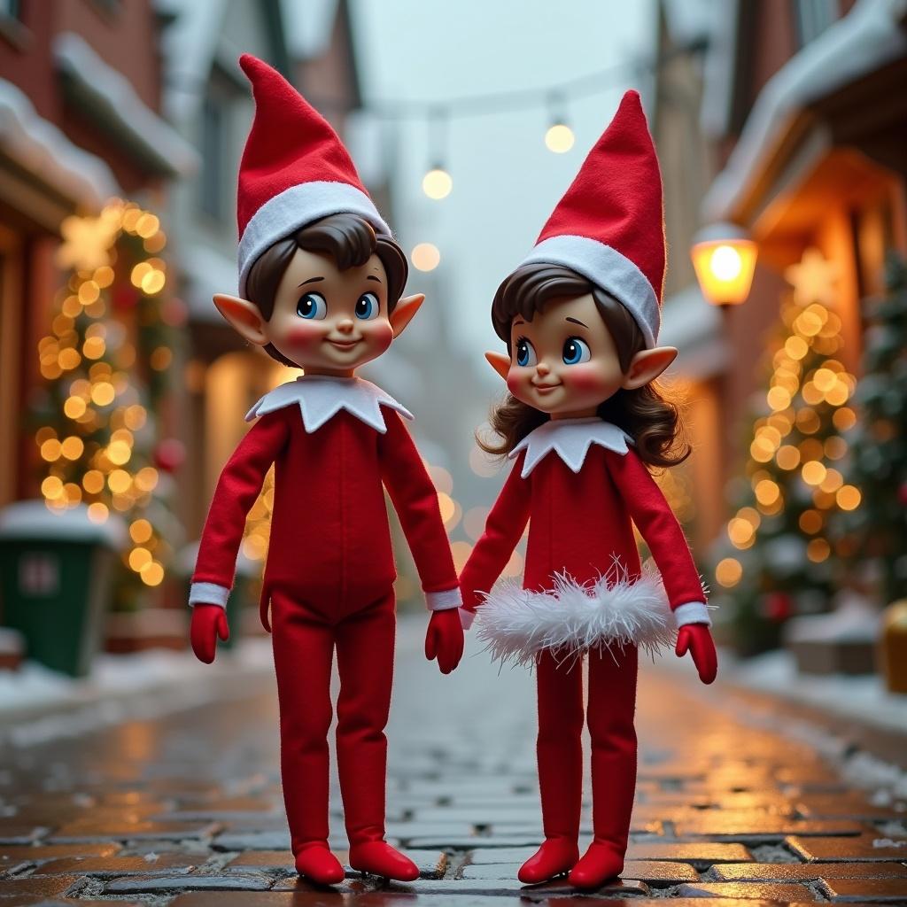 Image features two elves, a boy and a girl, standing on a festive street. Both elves wear red suits with white collars. The girl has a white skirt with green details. The background depicts a Christmas town with decorative trees and warm lighting.