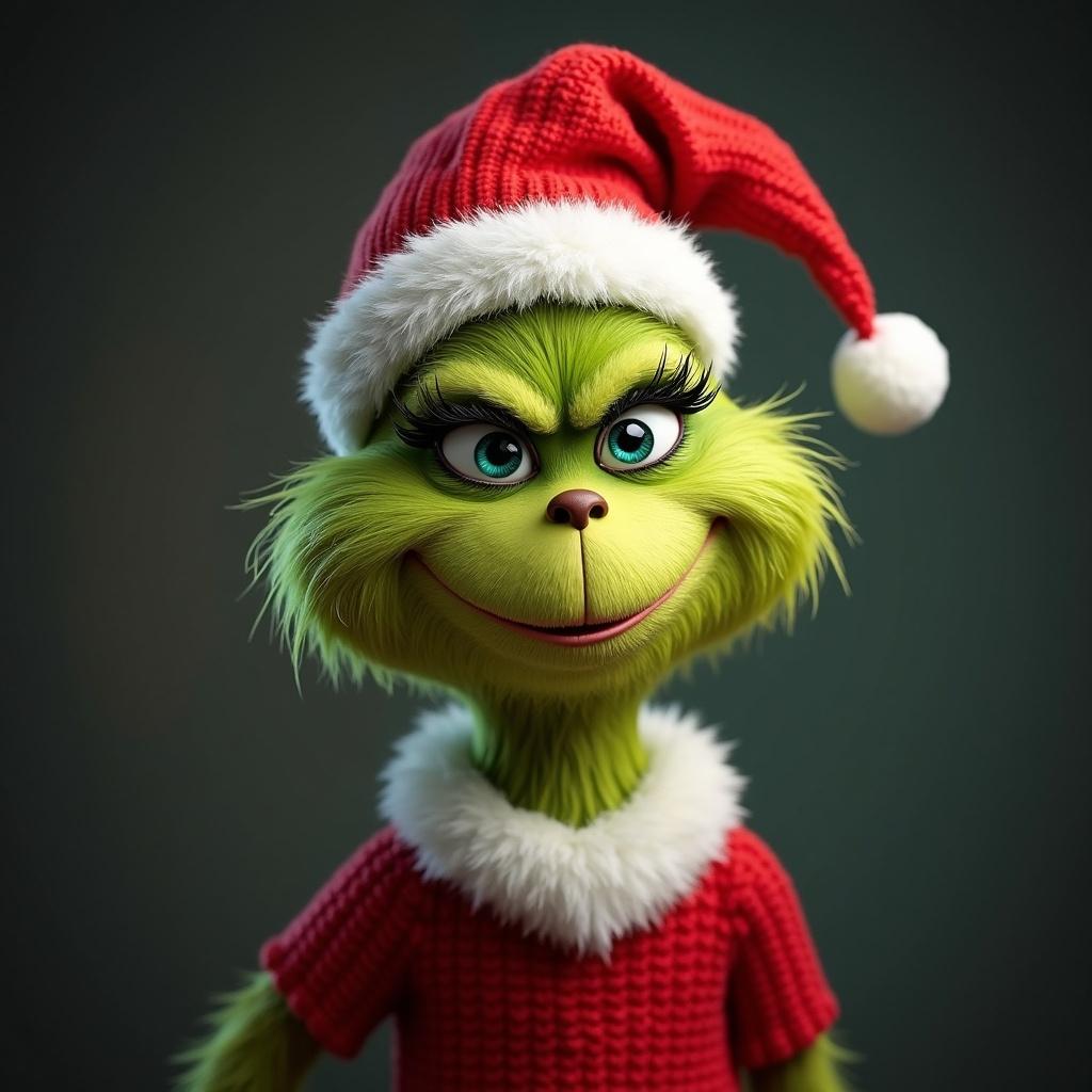 Character inspired by the Grinch. Wearing a red sweater with white trim and a matching Santa hat. Brightly colored cartoon features.