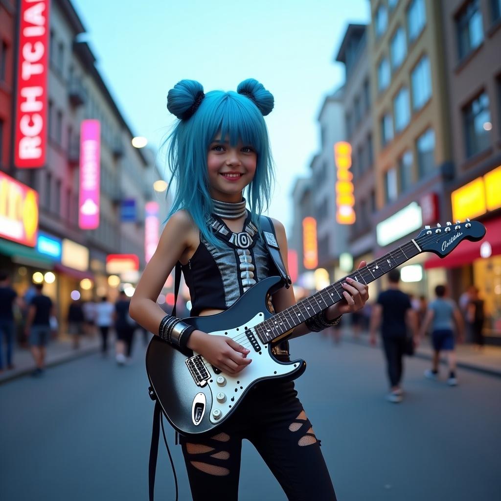 Young girl playing electric guitar on busy city street. She wears black and silver futuristic outfit. Guitar held with both hands. Brightly lit street with neon signs. People walking nearby. Blue sky enhances vibrant mood.