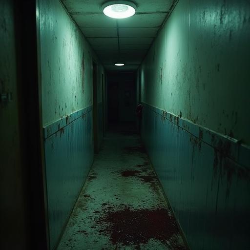 Corridor with bloodstains on the floor and walls. Dimly lit by overhead fluorescent lights. Perspective from the end looking down the hall. An eerie atmosphere with a sense of dread.
