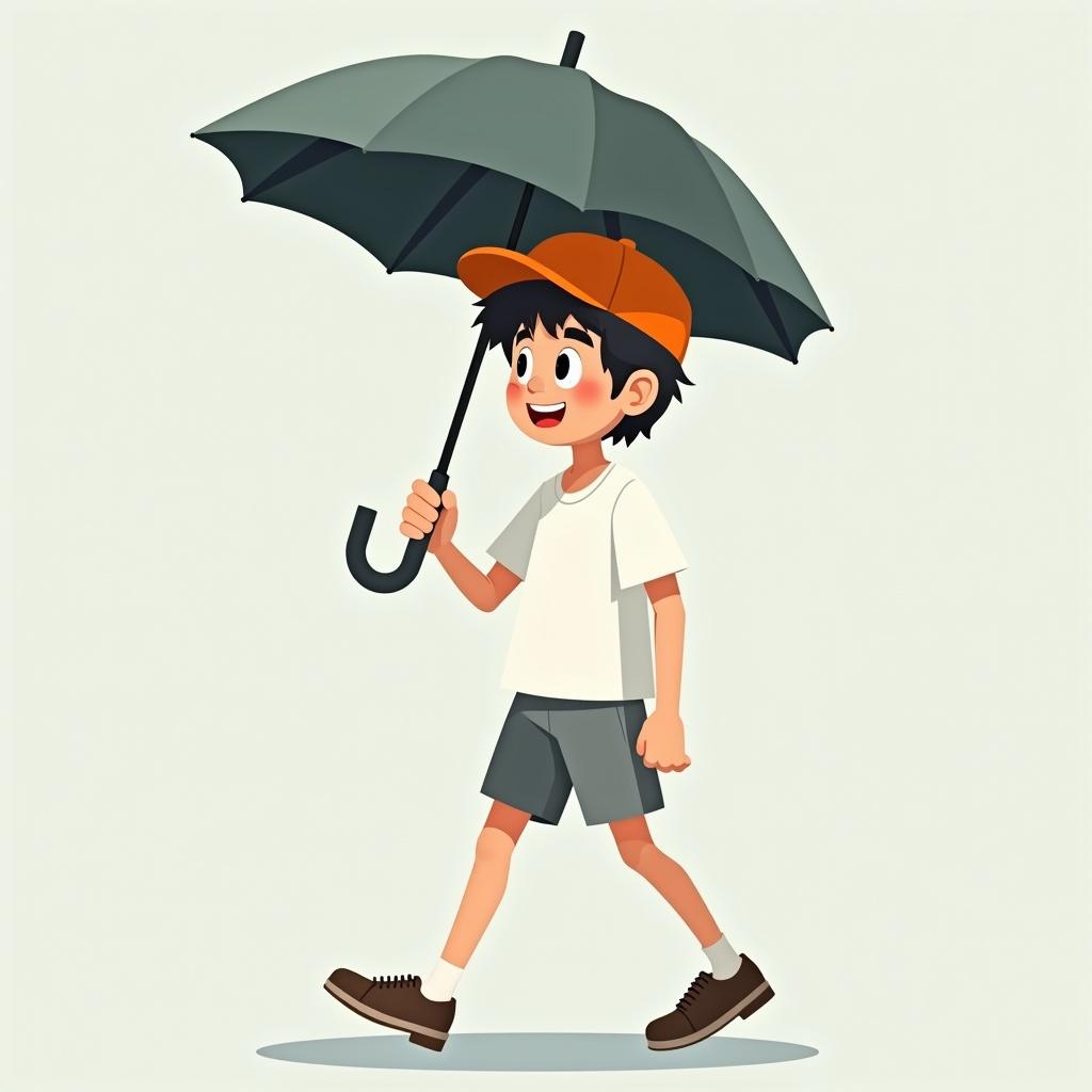 Child character walking with an umbrella on a rainy day. Wearing a white t-shirt, grey shorts, and an orange hat. He has short dark hair and a friendly smile. Simple background to focus on the character.