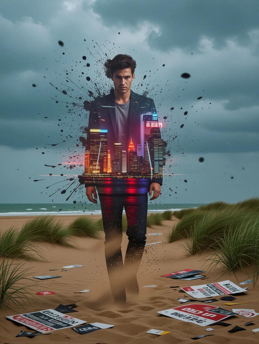 Masterpiece with best quality shows a male figure dissolving into drifting sand and ink splatters with a double exposure of neon-lit urban skyline. Foreground is scattered with broken signs and debris fluttering in the wind. Low grass lines the edge with storm clouds overhead creating a haunting cinematic feel.