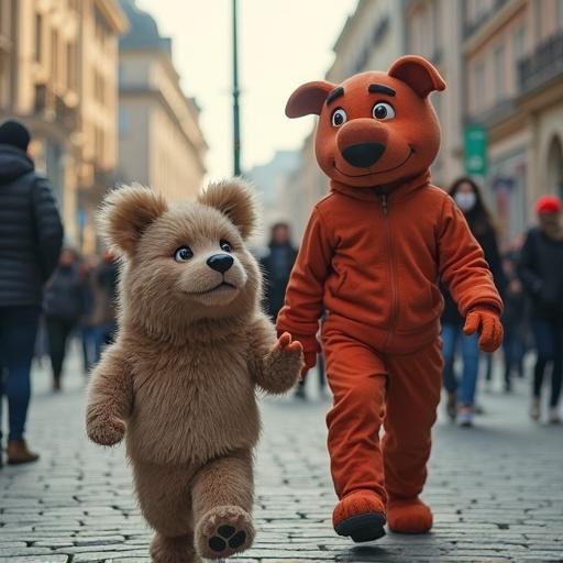 Two costumed characters walk hand in hand down a busy street.
