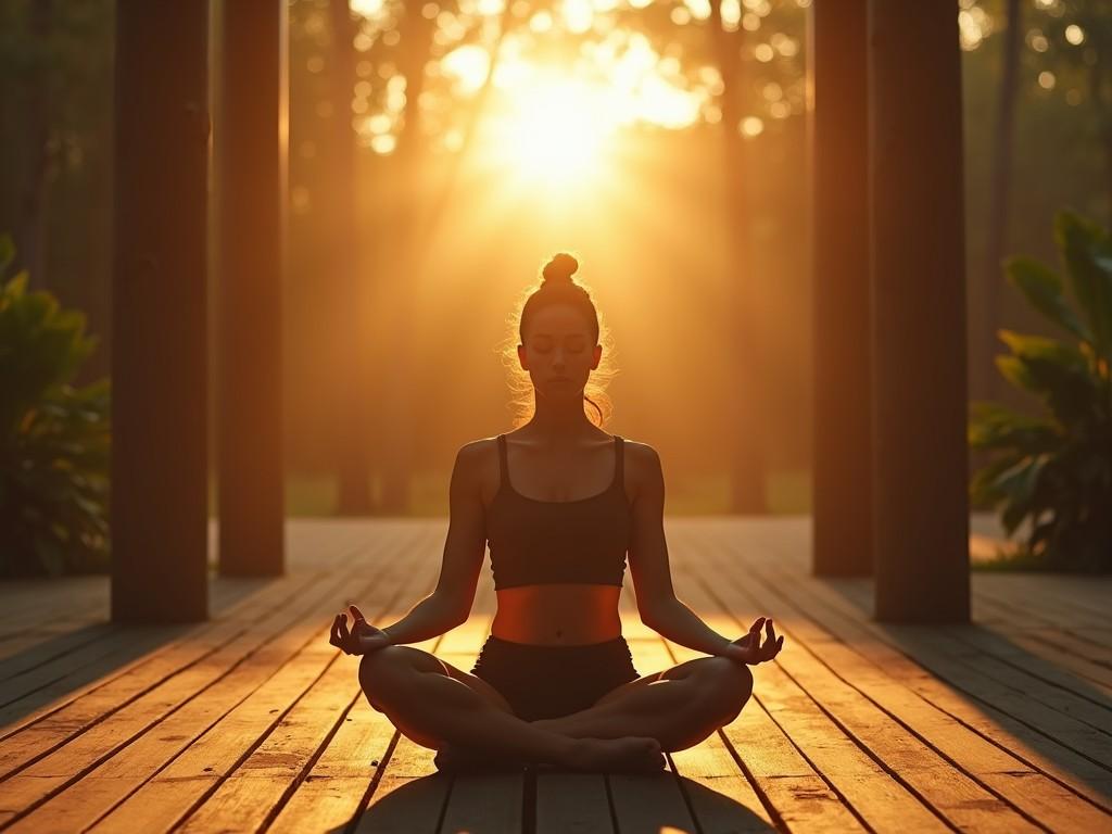 A person is seated in a serene yoga pose, meditating on a wooden platform as the sun rises behind them. The warm golden glow of the sun creates a tranquil atmosphere, enhancing the sense of calm and introspection. The lush greenery surrounding the platform adds to the peacefulness of the scene, inviting a deeper connection with nature.