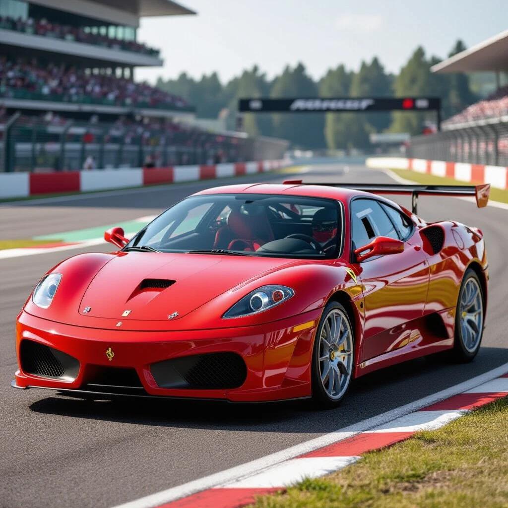 Ferrari model from 2008 displayed on a racetrack. Bright red color, sleek design with aerodynamic features. Set against a professional racing backdrop.