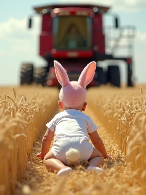 A baby lies in golden wheat field wearing white onesie and diaper. The baby appears unconscious, surrounded by tall wheat under sunlight. In background, a red combine harvester approaches. A human-sized pink or white rabbit stands before it. Rabbit has upright ears and soft fur, blocking the harvester's path. Scene showcases tension and magical moment of protection.