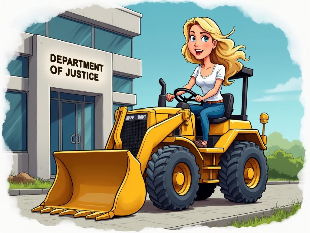 Cartoon of an attractive blond woman driving a bulldozer towards a modern building labeled Department of Justice