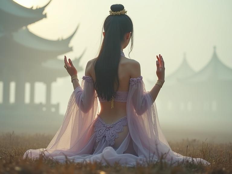 Misty dawn on a feudal battlefield. A short petite Chinese princess kneels gracefully. She wears a light purple delicate attire and a gold-accented bracelet. Her dark hair styled traditionally with a golden hairpin. Soft light breaks through fog. Full body in frame, ultra low angle shot.