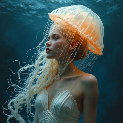 A beautiful woman merges with a jellyfish in an underwater world. Ethereal atmosphere. Baroque art influences. Digital oil painting style.