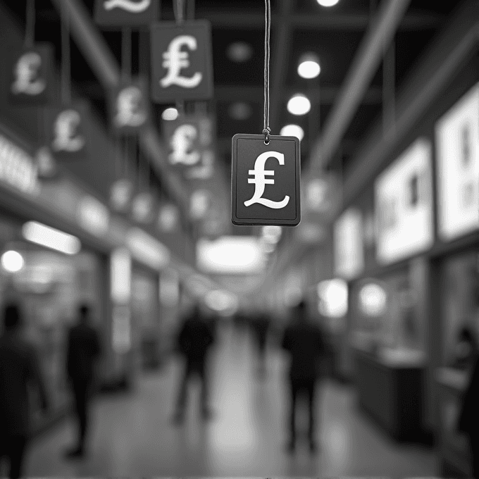 A blurry shopping mall with prominent pound signs hanging from the ceiling.