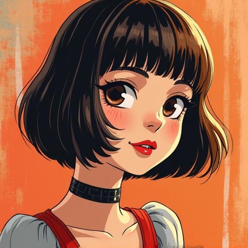 An artwork depicting a girl with a bob haircut. The girl has large expressive eyes and wears a choker. The background is a warm orange, giving a cheerful vibe.
