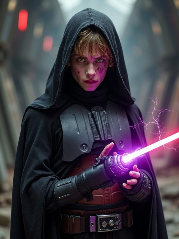 Photorealistic image of a sinister young man in a black robe and armored breastplate. Messy light brown hair, pale skin with visible purple veins. Holding a black lightsaber and displaying violet lightning. Captured in a military setting.
