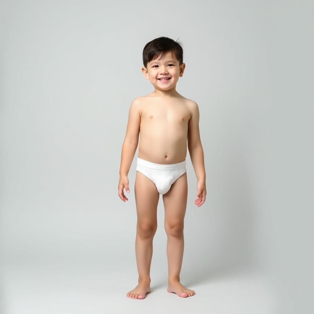 A young boy stands barefoot against a light gray background. He wears white underwear. He has a natural smile. The lighting is soft and even. He poses confidently and relaxed. The style is minimalistic with focus on the subject.