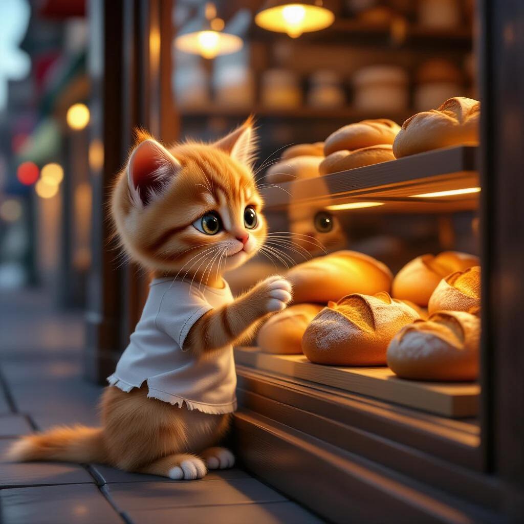 A sad orange kitten with big eyes wears a torn white T-shirt. The kitten stands outside a bakery staring at bread and pastries. His paw rests on the glass. Warm lighting glows from inside. A cozy bakery scene with blurred background and a cold street atmosphere.