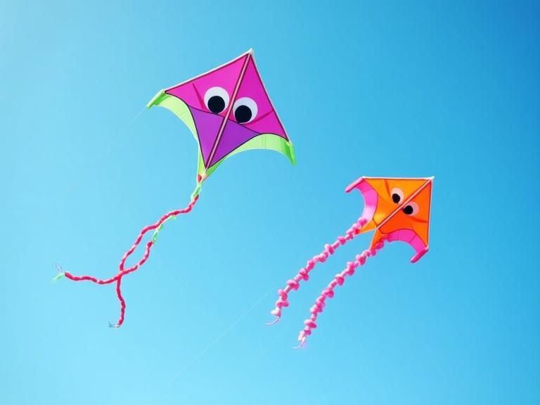 Photograph of two colorful kites soaring in a clear blue sky during the day. One kite is pink and purple with black eyes and a green bottom. The other kite is orange and pink with black eyes and pink tentacle-like tails. Both kites have diamond shapes with pointed bottoms. They are diagonally positioned with thin white strings attached. The scene is vibrant, simple, and playful in bright sunlight.