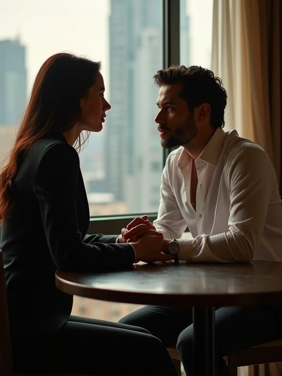 An elegant hotel lounge with soft lighting. City skyline visible through the window. A confident beautiful lawyer leans over a round table. She wears a fitted blazer and tight blouse. Her lips are bold red; her eyes are intense. A sexy man sits across from her. He has a rumpled shirt. Stubble on his jaw. His hand brushes hers on the table. The moment is tense with attraction and conflict. Style is sleek romantic drama, sharp lighting, 3:4 portrait.