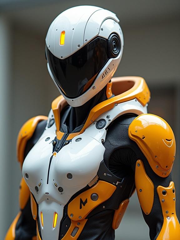 A cyborg ninja in sleek white, orange, and yellow armor with lights