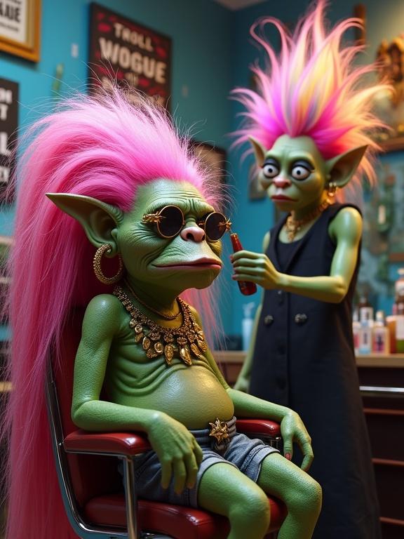 Two trolls in a hair salon. An elderly female troll with pink mullet hairstyle sits skeptically in a salon chair. She has mossy skin, oversized hoop earrings, and star-shaped sunglasses. A younger troll hairdresser stands nearby cutting hair, showcasing rainbow-colored spiked hair. The salon features absurd troll-themed posters like 'Troll Vogue'. Colorful lighting and fantastical decorations abound. The atmosphere is both stylish and whimsical.