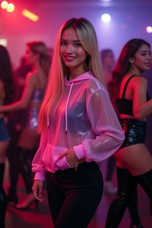 Young Chinese woman with long blonde hair wearing a pink transparent latex sweatshirt and black leggings poses in a nightclub. Cheerful expression. Background shows women dancing.