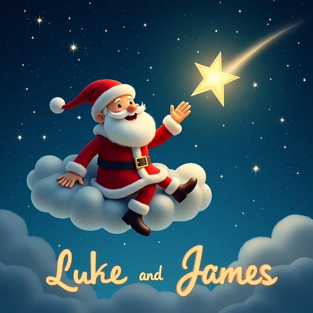 Father Christmas sits on a cloud. A shooting star glows nearby. Names Luke and James are featured prominently.