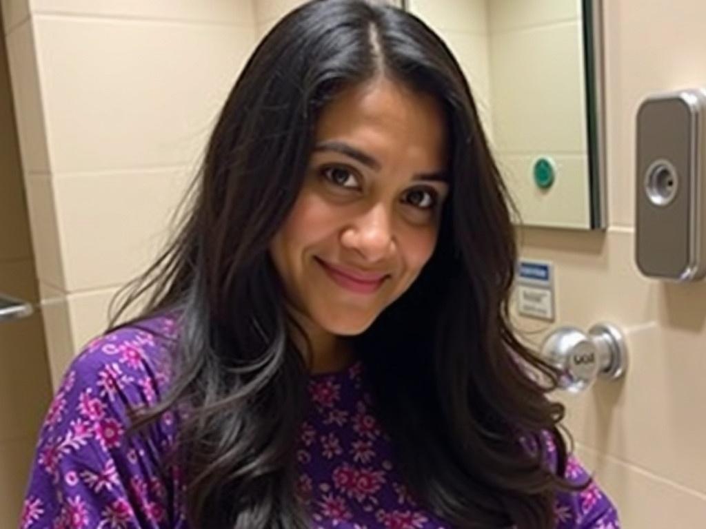 The photo shows a person with long, shiny black hair, taken in a well-lit restroom. The individual is wearing a traditional garment which has a vibrant purple pattern. There are modern restroom amenities visible in the background, indicating a clean and contemporary environment. The person's face is obscured, but they appear to be smiling slightly while looking towards the camera. The overall atmosphere of the image conveys a sense of warmth and casual elegance.