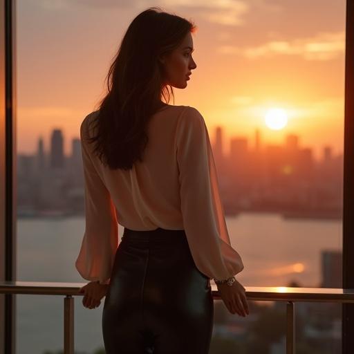 Elegant woman in luxury office. Chic silk blouse and latex skirt. Sunset in background. City skyline view.