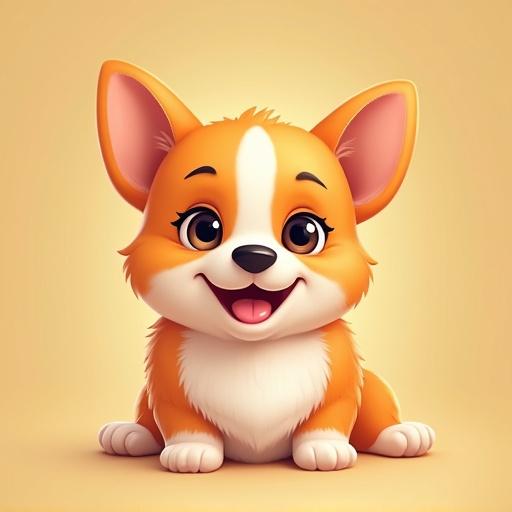 A cute cartoon corgi dog with a joyful expression and big eyes, predominantly orange and white fur, sitting on a light background.