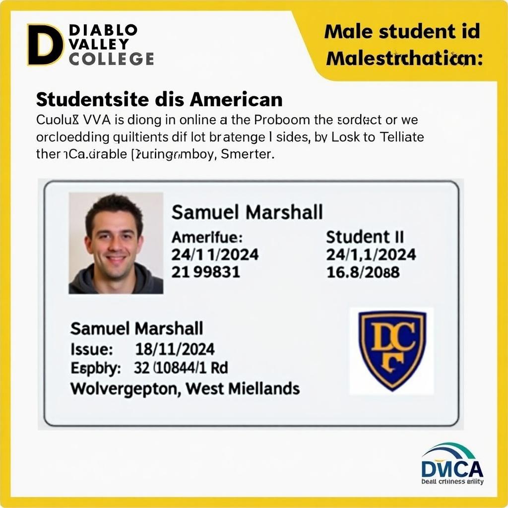 A scanned male student ID card from Diablo Valley College. The card belongs to a student named Samuel Marshall. Displays key information including student ID 2169983, issue date 18/11/2024, expiry date 16/8/2028, and recognizable elements of the institution. Used for identification purposes.