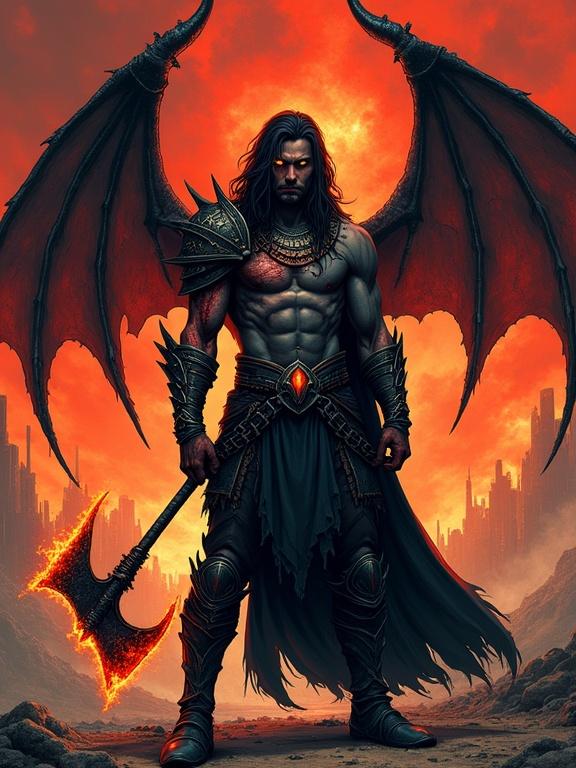 Digital art depicts a cambion warrior in infernal armor. Warrior has crimson-gray skin and glowing golden eye. He has one black horn and long black hair. A massive bat-like wing extends from his back. The warrior stands in a burning wasteland. The sky is red and the atmosphere is apocalyptic. He holds a flaming greataxe. The character design fuses elements of comic book art with dark fantasy themes. The background resembles ancient parchment and showcases a stylized depth of field.
