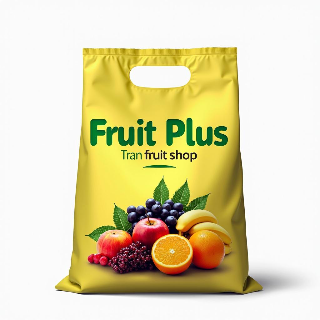 Design for a plastic bag for a fruit shop. The name is 'Fruit Plus'. The design is vibrant and eye-catching. Incorporates colorful fruits like apples, oranges, bananas, and grapes. Use a fresh font in green or yellow. The layout is simple and suitable for a fruit market, conveying quality and variety.