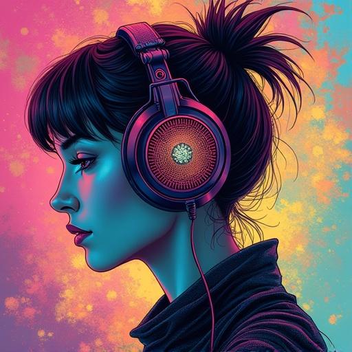 Front profile of a DJ wearing headphones in a biomechanical style. Features kaleidoscopic effects. Emphasizes imagination and fine details. Dynamic character design with cell shading.