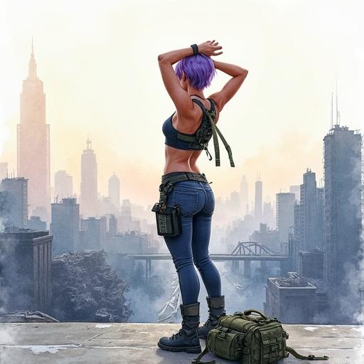 Watercolor painting of an athletic woman with short violet hair. She wears a cropped tactical top and military harness. She stretches her back and arms on a rooftop. An army backpack is beside her boots. Below, the city is quiet and devastated with crumbling buildings and distant haze. Early morning light casts soft shadows across the post-apocalyptic skyline.