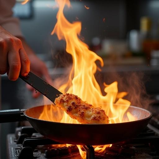 Chef flipping food in a pan on a gas stove with flames
