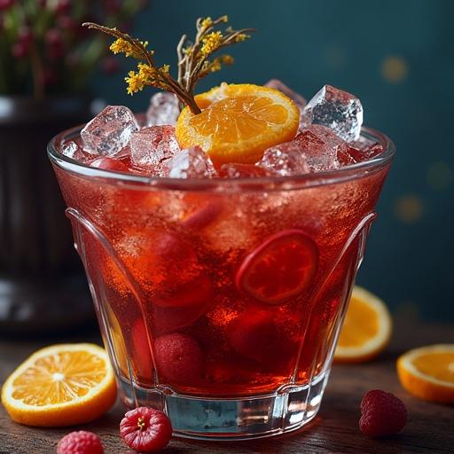 A close-up of a vibrant cocktail in a glass. The cocktail includes ice cubes, raspberries, orange slices, and a sprig of herb as garnish. The background has a soft focus with hints of greenery. The drink is styled for an appealing presentation with sparkling details.