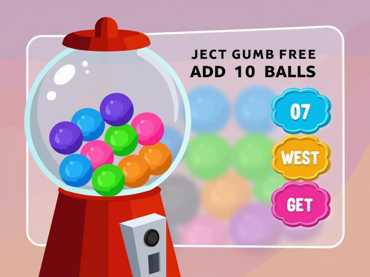 The image displays a colorful game interface featuring a gumball machine. Inside the machine, there are various balls in bright colors like blue, green, orange, pink, and purple. The timer above shows 07:59, indicating the time remaining for the current game round. There are buttons labeled 'ADD 10 BALLS' and 'GET' prominently displayed. The background suggests a playful and quirky theme, with a cartoonish style, likely appealing to children or casual gamers.