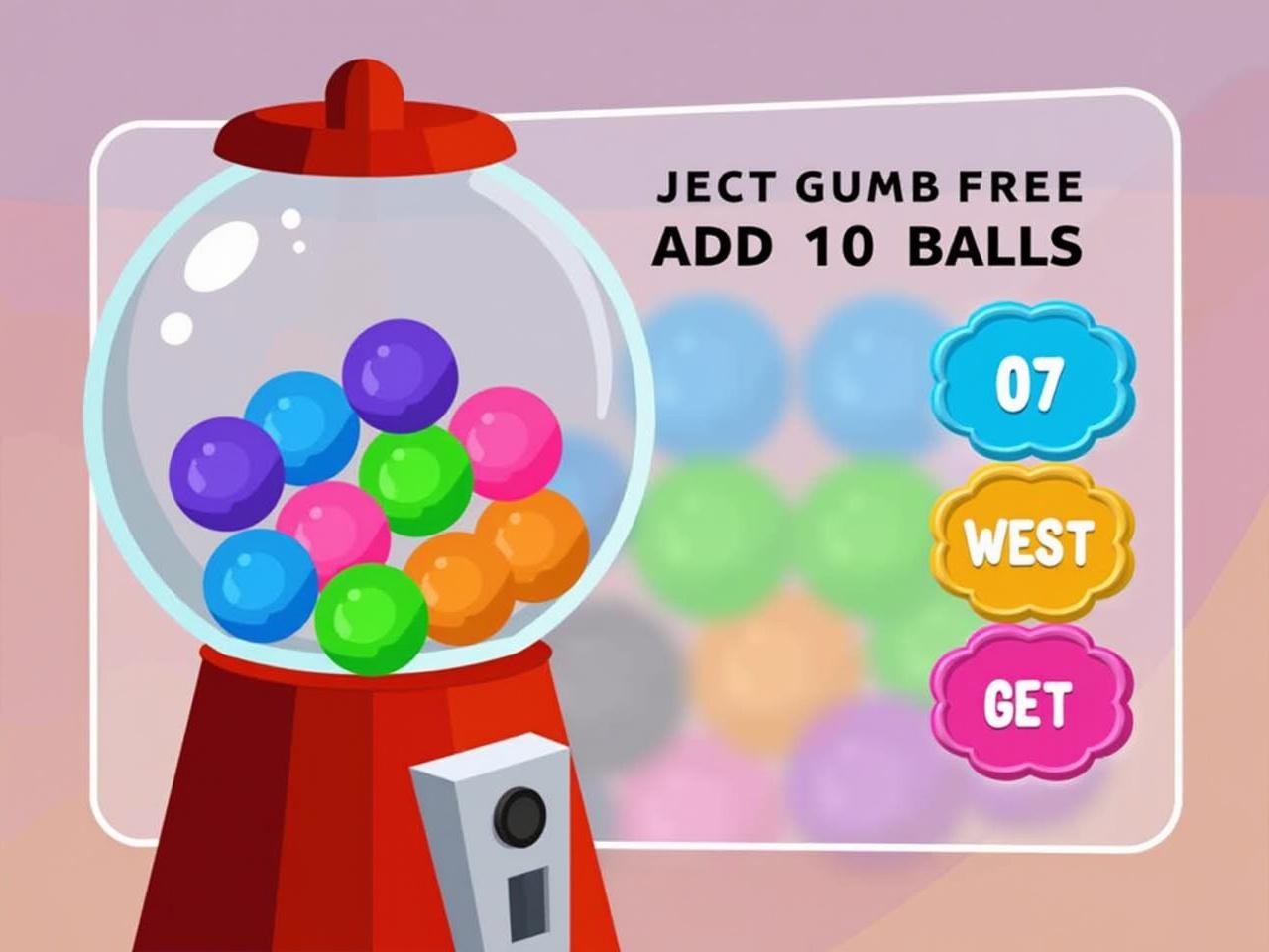 The image displays a colorful game interface featuring a gumball machine. Inside the machine, there are various balls in bright colors like blue, green, orange, pink, and purple. The timer above shows 07:59, indicating the time remaining for the current game round. There are buttons labeled 'ADD 10 BALLS' and 'GET' prominently displayed. The background suggests a playful and quirky theme, with a cartoonish style, likely appealing to children or casual gamers.