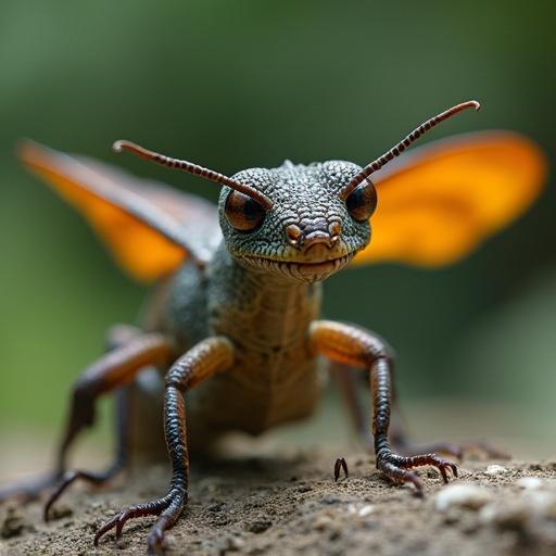 A creature that resembles a dragon with bug-like features. The creature has orange wings and a detailed textured body. The setting appears natural with soft focus in the background.