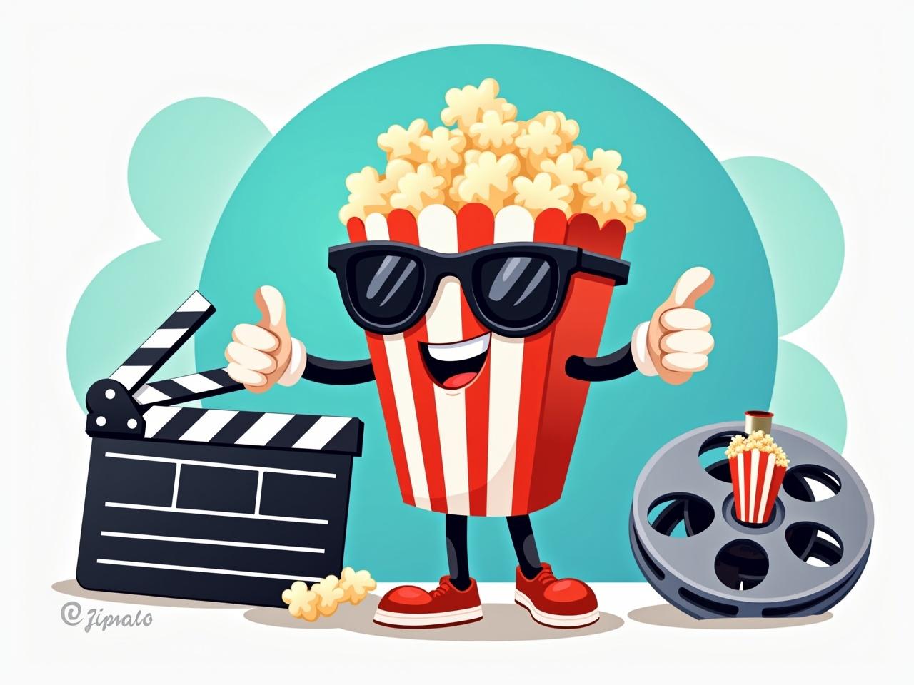 The image features a cartoon-style popcorn container character. It has a joyful expression and is wearing stylish sunglasses. The character is animated, with arms and legs, giving a thumbs up. Surrounding the popcorn character are elements related to film, including a film reel and a clapperboard. On the film reel, there's a small canister that resembles a film roll. The overall color palette is bright and engaging, emphasizing a fun theme related to movies and snacks.