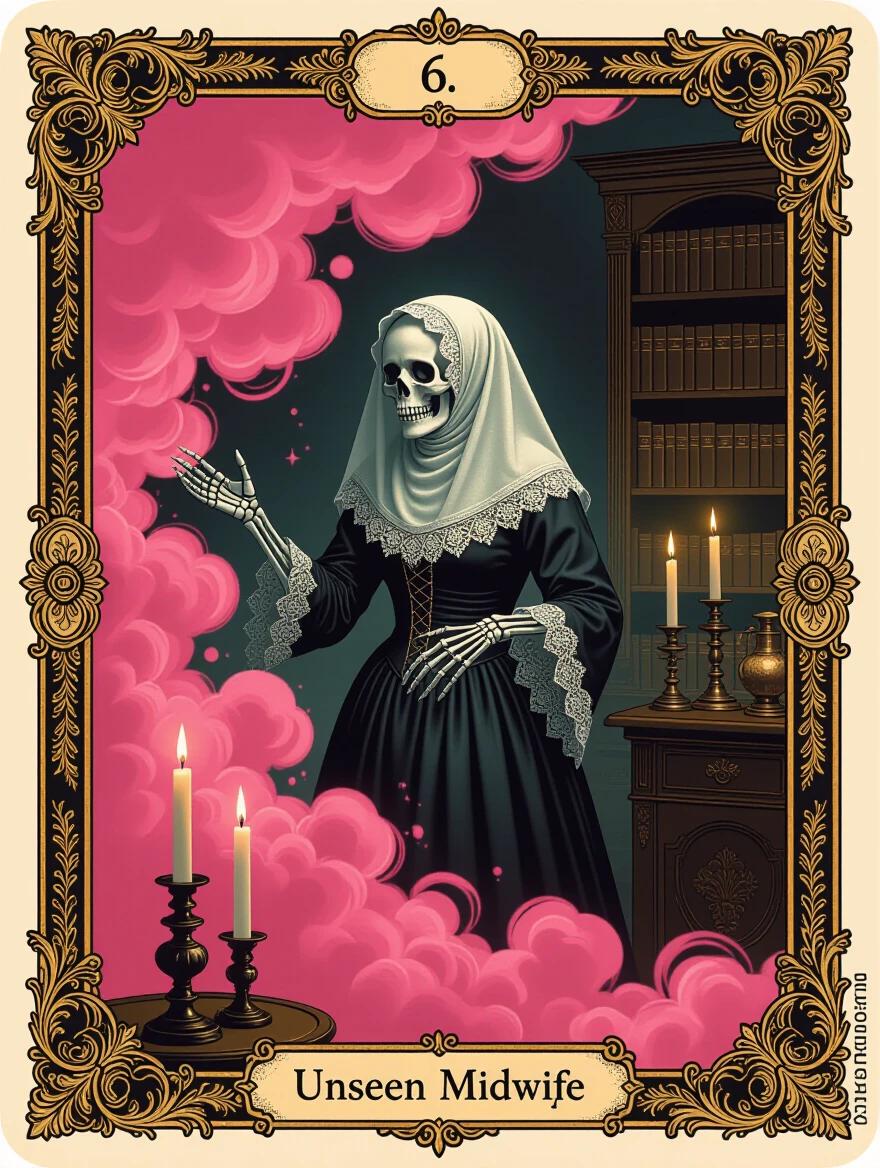 Ghostly midwife ushers souls through pink smoke. Her hands are both alive and skeletal. Lit by candlelight in an apothecary. Chiaroscuro lighting. Mixed Rembrandt style with tarot aesthetics. Holographic details with ornate black-gold frame. Ultra-detailed cinematic composition.