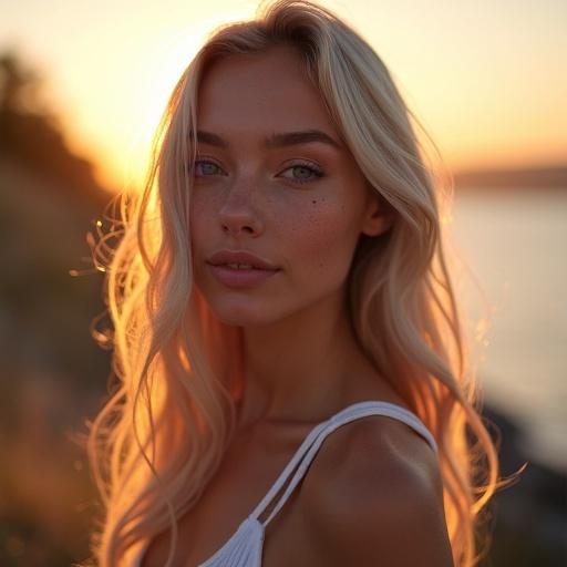 Portrait of a beautiful Nordic AI influencer taken during golden hour. Long wavy hair with purple streaks shimmering in the sunlight. Violet eyes are expressive and mischievous. Light freckles on sun-kissed cheeks and nose. Slim nose and full lips smiling sensually. Buxom athletic figure appears strong and confident. Relaxed graceful posture with shoulder turned. Soft blurred background with dreamy Scandinavian elements.