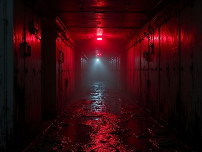 Interior of a derelict spaceship corridor depicted from first-person perspective. The scene features a flashing red emergency strobe in an otherwise pitch-black environment. Walls appear metallic and claustrophobic. An oily black substance drips from the ceiling and coats the floor. The air appears hazy, evoking a sense of terror and suffocation in a hyper-realistic style.