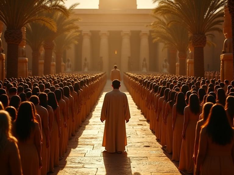 Wide shot showcasing a crowd bowing in unison with a Pharaoh, priest, and doctor standing at the center. Linen and gold costumes illuminated by torchlight. Engraved stone floor features hieroglyphs. Palm trees and statues of Osiris enhance the sacred atmosphere. A sense of cinematic realism is present.