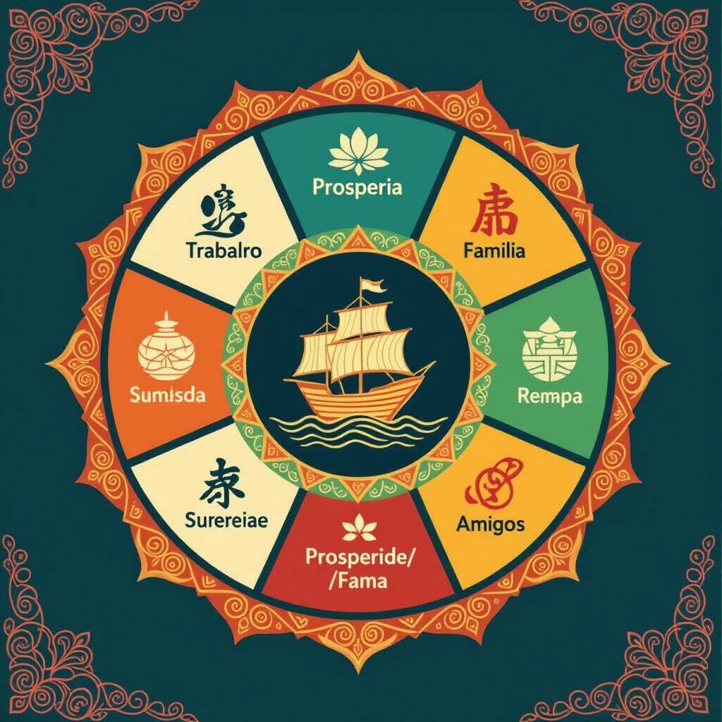 Create a Bagua representing eight life areas including Work, Wisdom, Family, Prosperity, Fame, Relationships, Creativity, Friends.